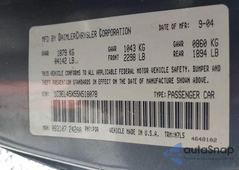 2005 Chrysler Sebring из США, поврежденный, VIN 1C3EL45X55N518078